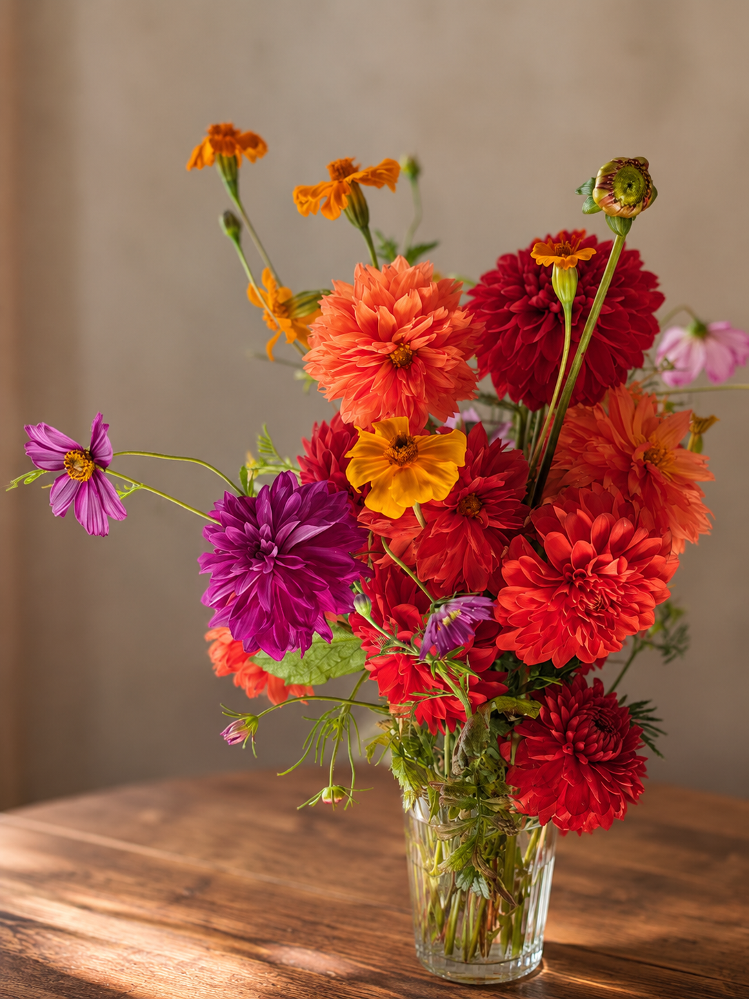 A vivid bouquet of red and magenta dahlias in a glass vase
