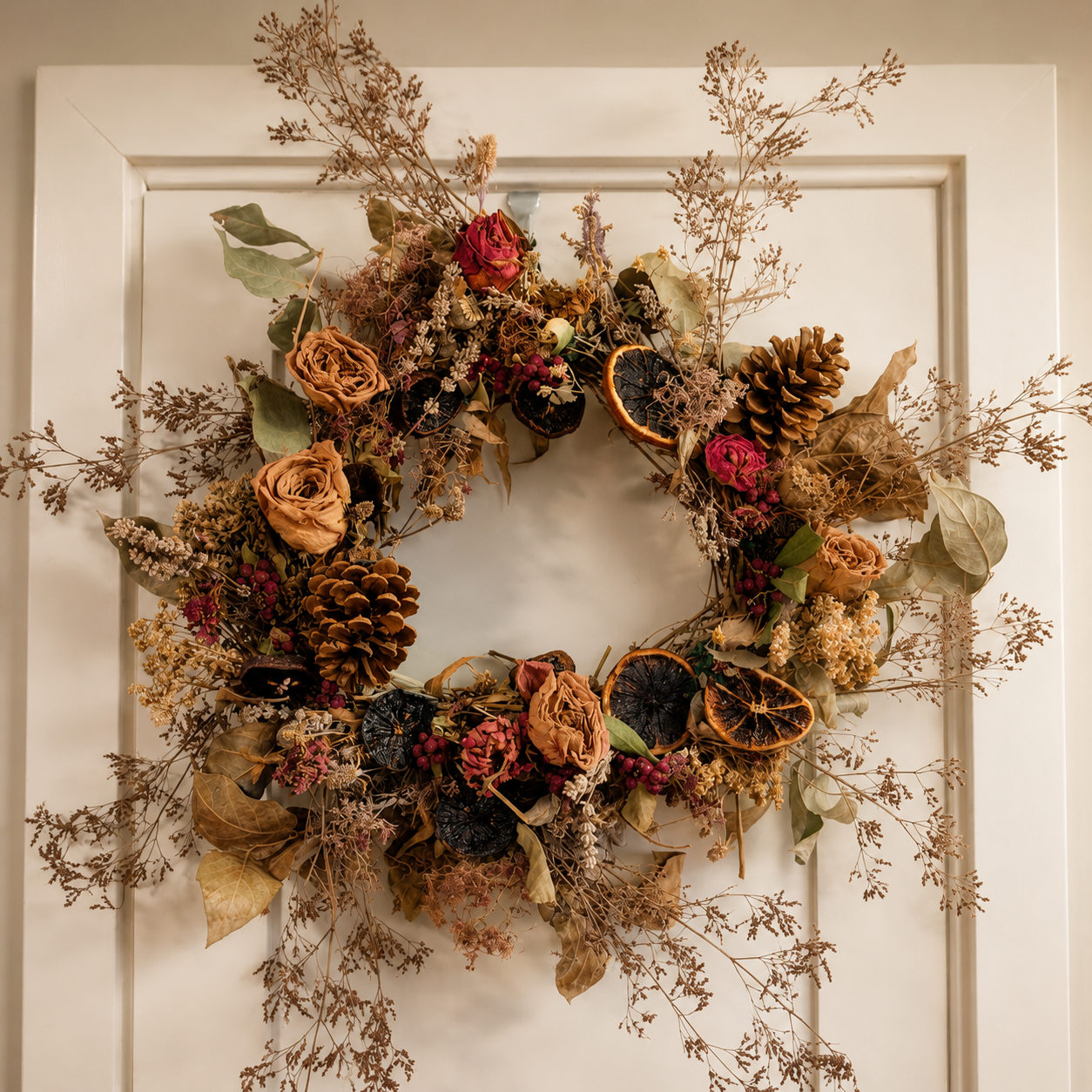 A handmade autumn wreath of dried roses, pinecones and citrus