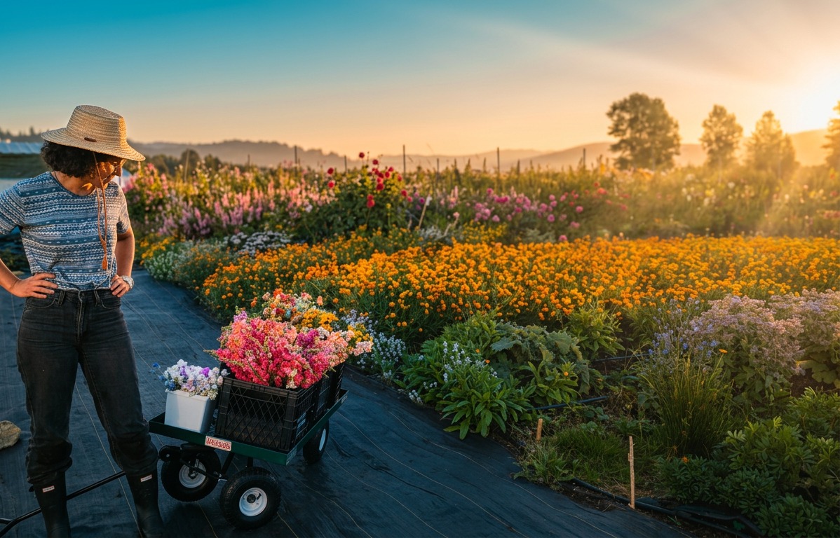 Wildflower garden at golden hour
